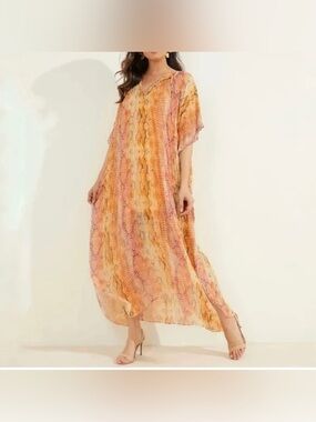 MARCIANO BY GUESS Snake Skin Print Sonora Kaftan Boho V-Neck Maxi Dress Size M/L